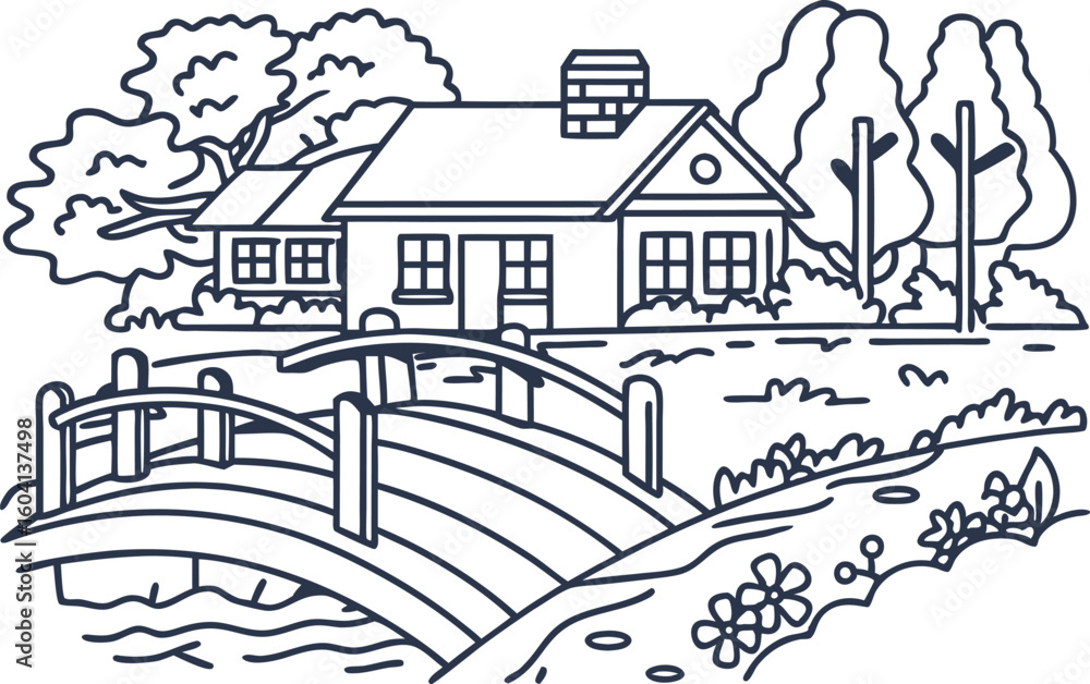 Fototapeta premium Cozy cottage with arched wooden bridge over small stream, surrounded by trees and flowering plants, hand drawn outline