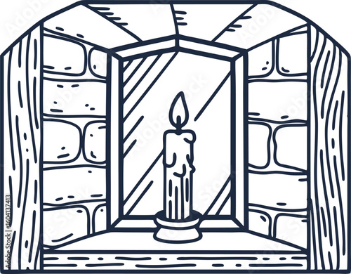Old fashioned candle burning on windowsill in stone wall historic vintage window, simple rustic scene