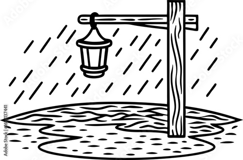 Wooden post lantern in heavy rain, illuminated path with puddles night weather, rustic outdoor illustration