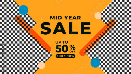 MID YEAR SALE OFFERS AND PROMOTION 50 PERCENT OFF. TEMPLATE BANNER DESIGN.COLORFUL FLAT ORANGE BACKGROUND VECTOR. GOOD FOR SOCIAL MEDIA POST, COVER , POSTER 