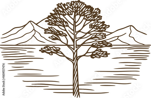 Lone tree by lake mountain landscape, nature scene, outline drawing, tranquil water, peaceful outdoors