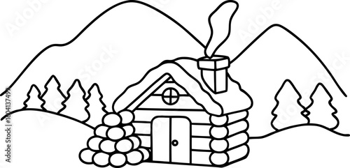 Mountain log cabin with chimney smoke, snowy roof, pine trees, and hills in simple line art drawing