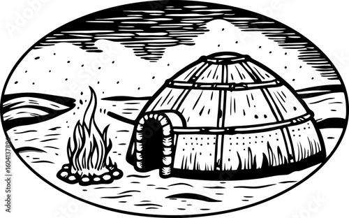 Traditional indigenous dwelling and campfire illustration hand drawn earth lodge hut in open natural landscape