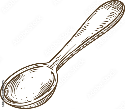 Hand drawn wooden spoon illustration vintage kitchen utensil, engraved cooking tool isolated on white