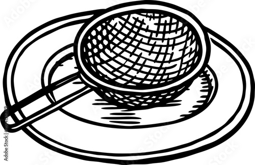 Hand drawn kitchen sieve resting on plate black and white sketch of strainer utensil for cooking preparation