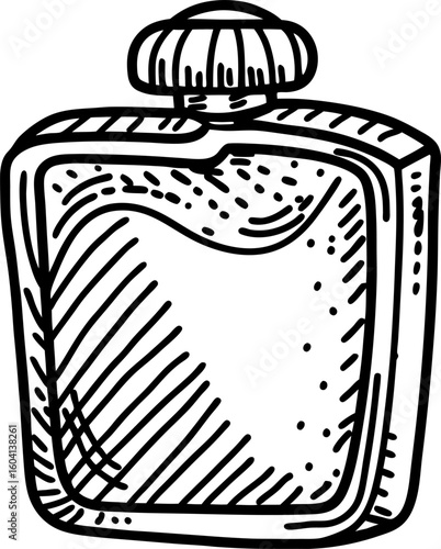 Hand drawn hip flask illustration vintage metal container for liquid, engraved sketch style, classic portable accessory