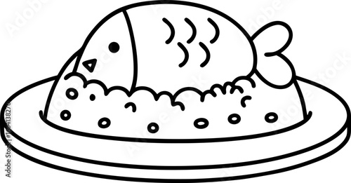 Grilled fish on rice plate simple outlined illustration of cooked seafood meal, wholesome protein dish, healthy cuisine