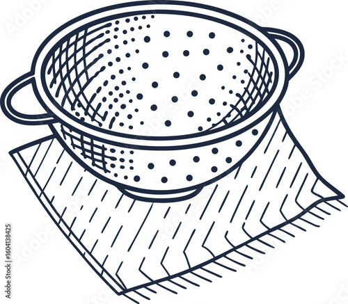 Hand drawn colander illustration on textured cloth kitchen utensil, cooking strainer, culinary equipment display