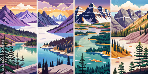 capturing Banff National Park’s set magic glacial lakes, snow‑capped ridges, dense pine forests, and rugged peaks reflecting serene alpine beauty in dramatic mountain scenery collection banner