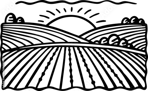 Sunrise over cultivated farmland rural field illustration with furrowed soil, agriculture landscape, morning horizon