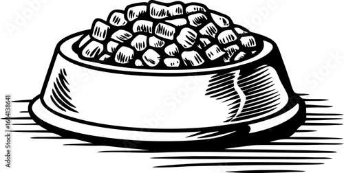 Dog food bowl filled with kibble hand drawn black and white sketch, pet feeding concept, nutrition illustration