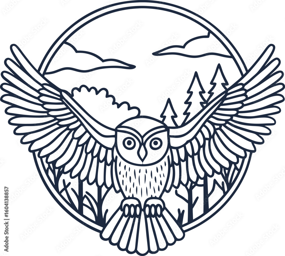 Fototapeta premium Owl in flight with outstretched wings, forest background and mountains, circular wildlife line art illustration