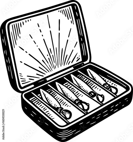 Vintage medical scalpel set in open case hand drawn surgical instruments, antique healthcare tools illustration