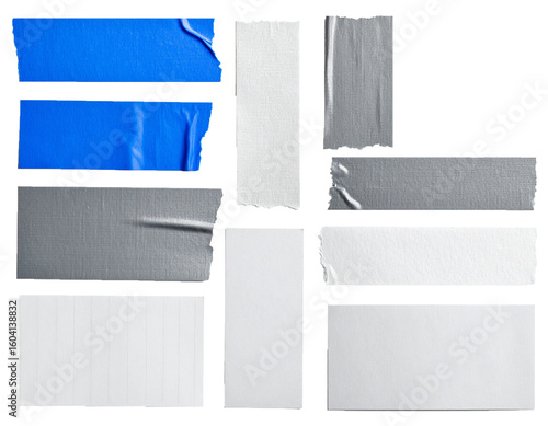 Collection of torn notebook paper pieces in various colors and textures, isolated on transparent background