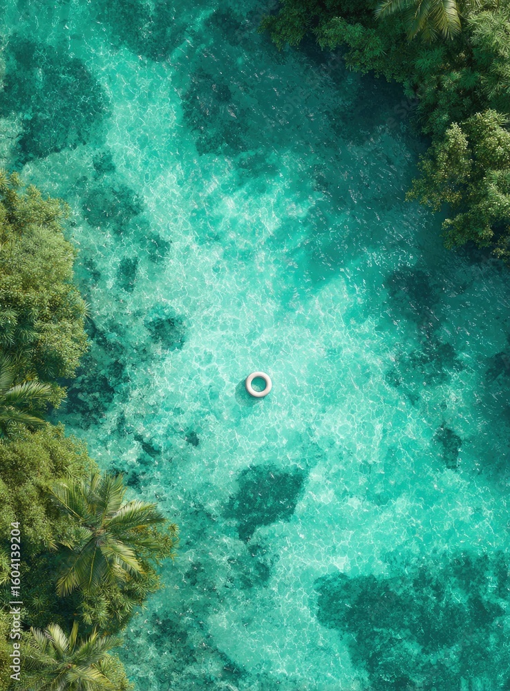 Obraz premium Turquoise river with inflatable ring. Lush trees and palms surround