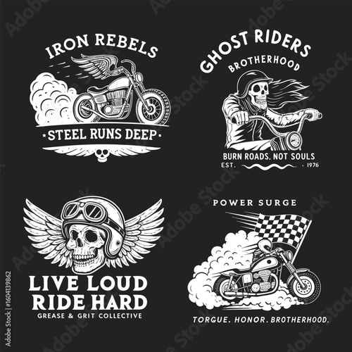 Set of vintage biker emblems featuring skulls, motorcycles, wings, checkered flags, and slogans like Iron Rebels, Ghost Riders, and Power Surge