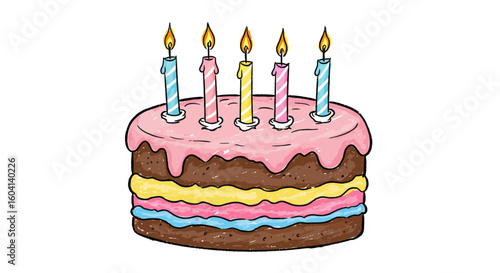 Colorful hand-drawn birthday cake illustration with five lit candles, perfect for a fifth birthday celebration.