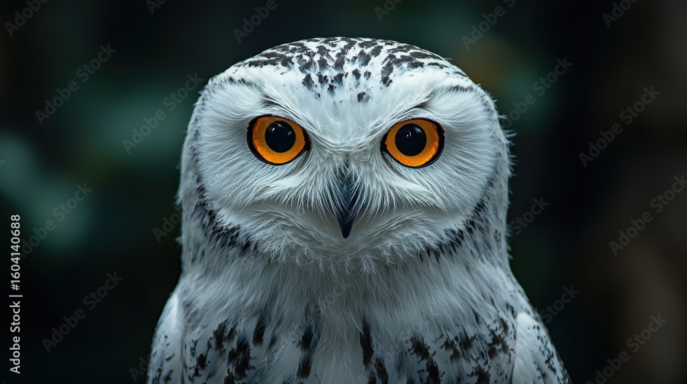 Obraz premium Snowy Owl with Bright Orange Eyes and Black Beak in a forest environment, detailed bird photography showing white feathers, black markings, and intense gaze