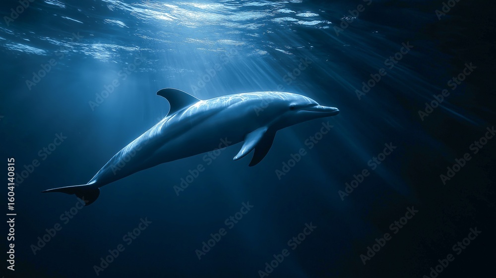 Fototapeta premium A dolphin glides through sunlit ocean depths, creating a serene atmosphere.