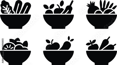 Black and white salad bowls with various fruit and vegetable icons