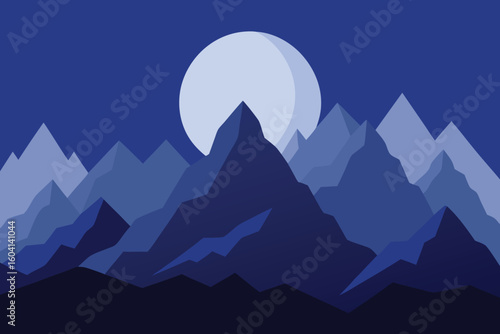 Serene Blue Mountain Range Silhouette Under Full Moon Night Sky Art