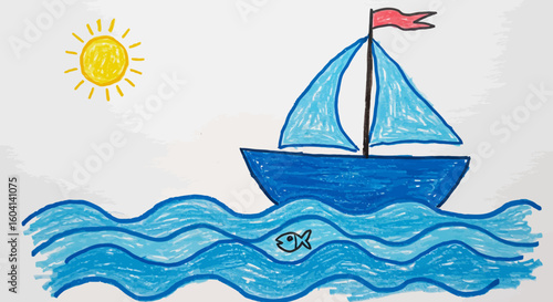 A child's colorful crayon drawing of a blue sailboat on the sea with a smiling sun. Naive art style illustration for kids.
