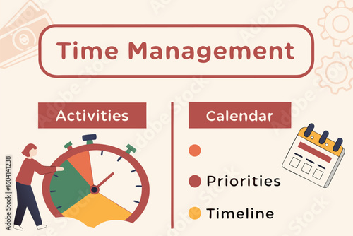Effective time management strategies illustrated with a stopwatch for activities and a calendar for priorities and timelines
