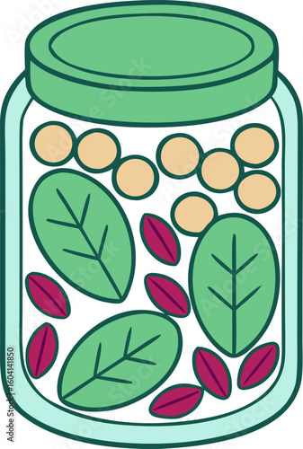 Salad jar with spinach chickpeas beetroot slices sunflower seeds isolated on light background isometric perspective hand drawn vector style.