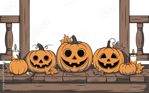 Halloween Carved Pumpkins and Candles on Wooden Porch