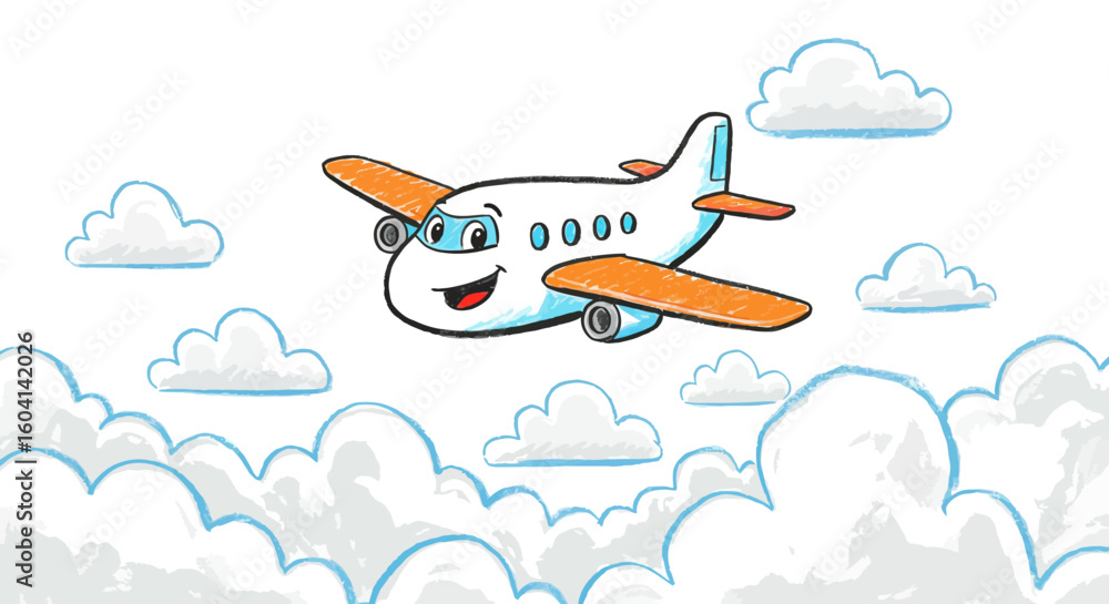 Naklejka premium Cartoon Airplane Flying Among Clouds A Colorful Illustration for Travel