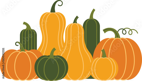 Assortment of Orange and Green Pumpkins and Gourds on White Background