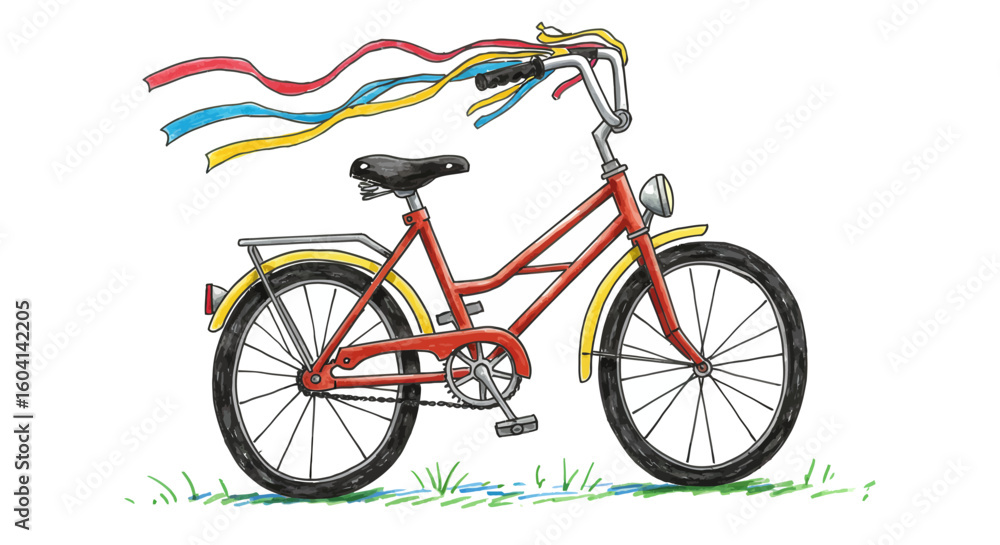 Fototapeta premium Charming hand-drawn illustration of a red vintage bicycle with colorful streamers blowing in the wind, parked on a green lawn.