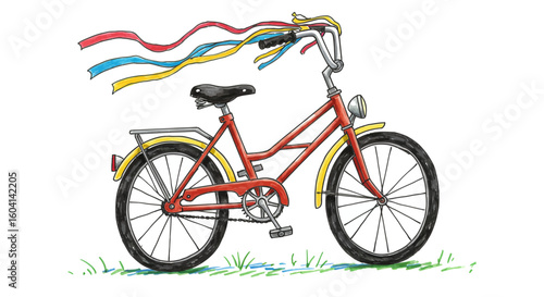 Charming hand-drawn illustration of a red vintage bicycle with colorful streamers blowing in the wind, parked on a green lawn.