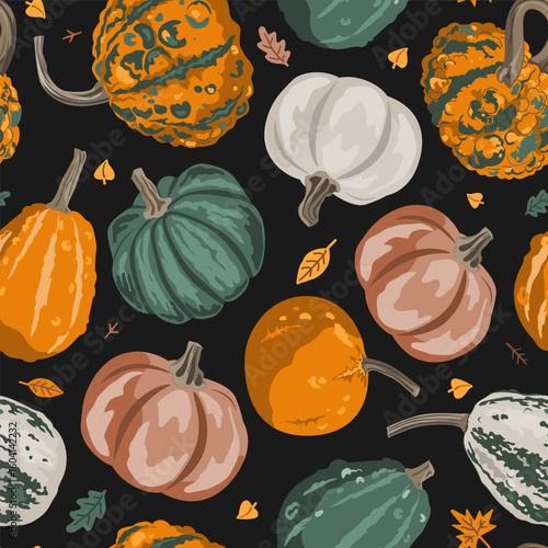 Cozy small gourds and autumn leaves seamless pattern. Pumpkins background. Vector squash illustration.