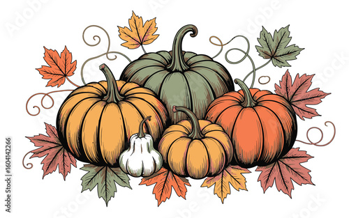 Pumpkins and Autumn Leaves Illustration in Orange Green and White