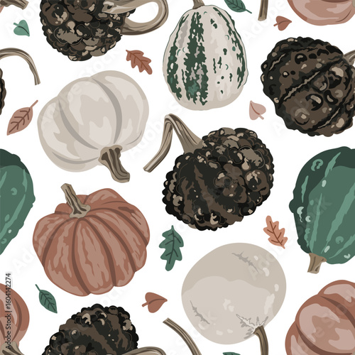 Cozy small gourds and autumn leaves seamless pattern. Pumpkins background. Vector squash illustration.