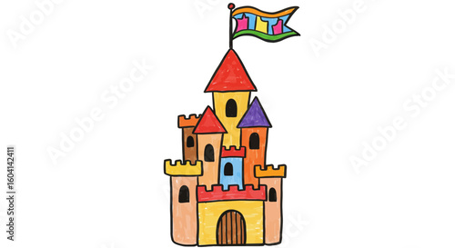 Vibrant Colorful Cartoon Castle Illustration for Children's Fantasy Themes and Playful Storytelling Backgrounds – A Whimsical Fairy Tale Kingdom Drawing for Kids.
