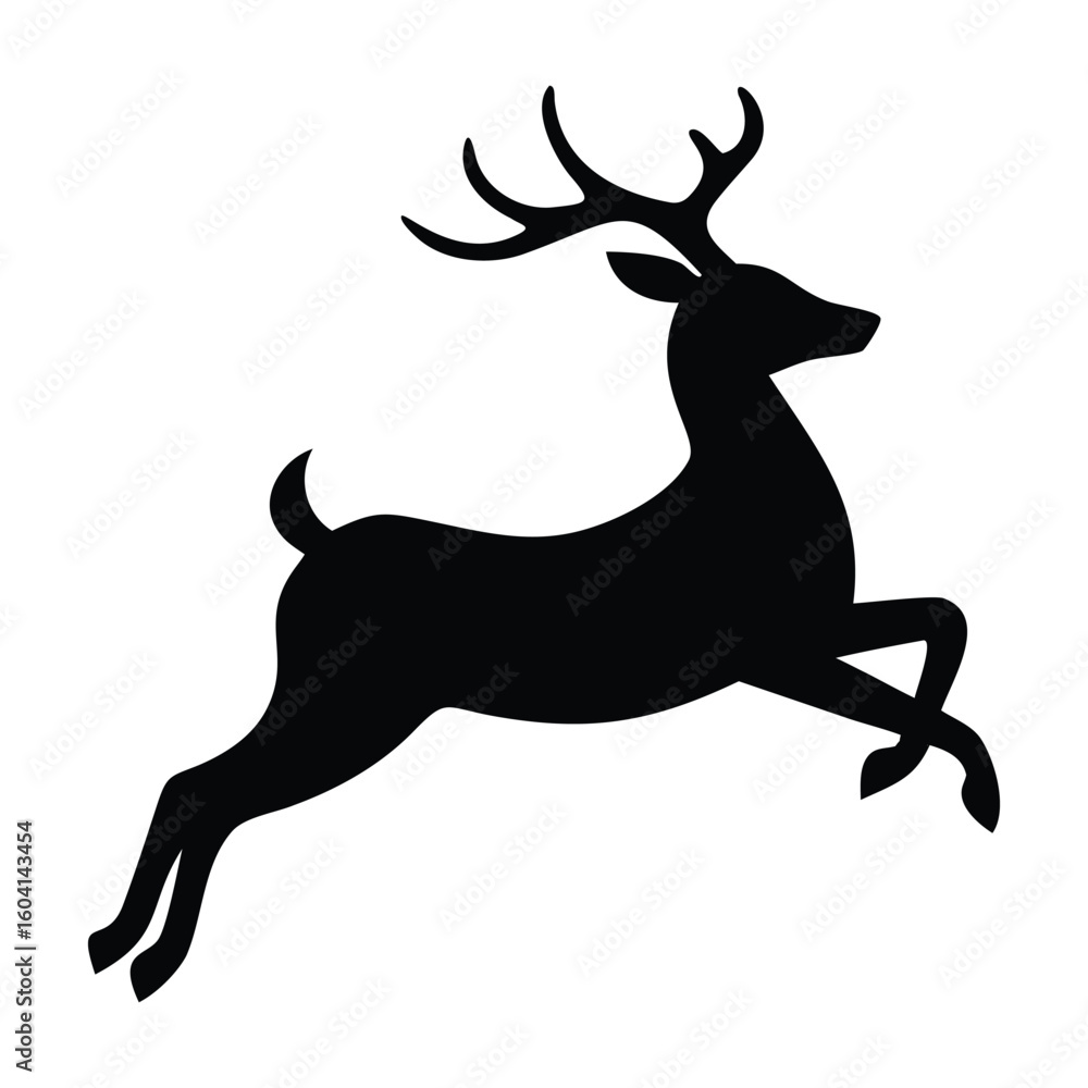 Obraz premium A striking black silhouette of a majestic reindeer captured mid-leap, showcasing its impressive antlers and graceful form against a white background.
