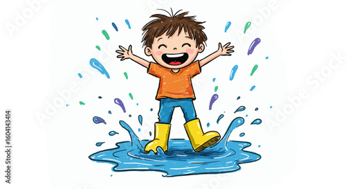 Joyful cartoon boy in yellow rain boots happily jumping and splashing in a water puddle. An illustration of pure childhood fun and energy.