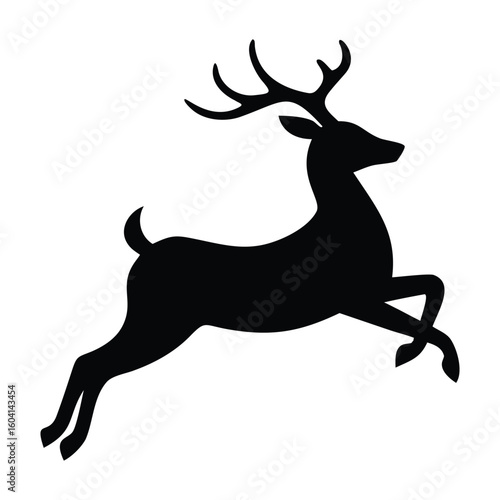 A striking black silhouette of a majestic reindeer captured mid-leap, showcasing its impressive antlers and graceful form against a white background.