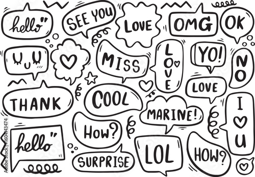 Comic Text Bubble Set – Love, Miss, Cool, OMG, Doodle Style, Hand Drawn, Vector, Black and White, Typography Art, Transparent Background