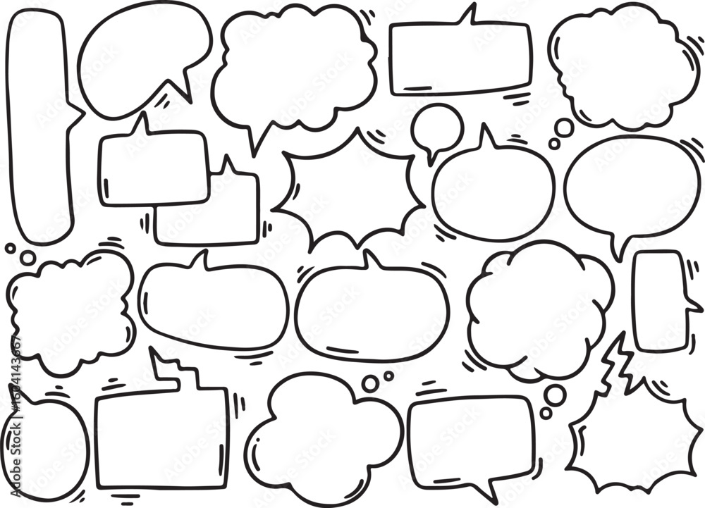 Obraz premium Comic Bubble Doodle Pack – Hand Drawn Outline Talk Boxes, Speech Balloons, Text Frames, Sketch Style, Vector Communication Icons, Cute Comic Set