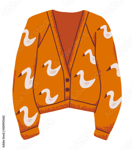 Cozy cute wool sweater or cardigan in orange color with goose pattern for autumn weather. Fall jumper woth buttons  in flat style