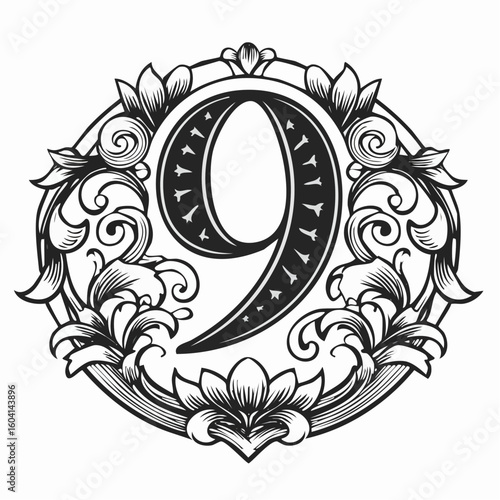 number nine with 3d bevel classic ornaments, engraving, and linocut style illustration