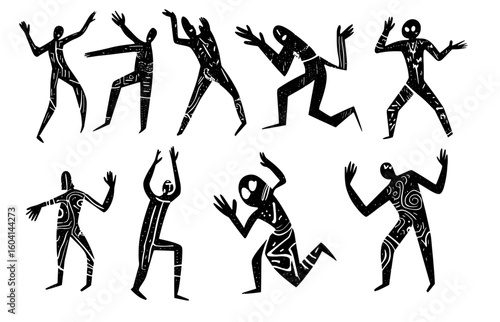 Human shapes character. Primitive human design, linocut style set.