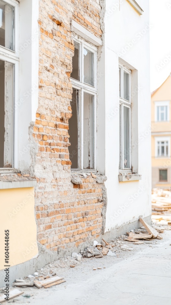 Fototapeta premium Captivating view of an old building's facade undergoing renovation, revealing weathered brickwork and broken windows, a testament to urban transformation.
