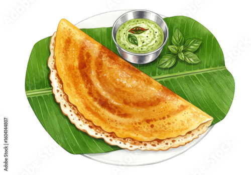 Golden crispy dosa served with green chutney on a banana leaf isolated on transparent background