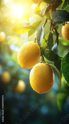 Two ripe lemons hanging on a branch in bright sunlight.