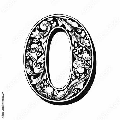 Zero Number with 3d bevel classic ornaments, engraving, and linocut style illustration