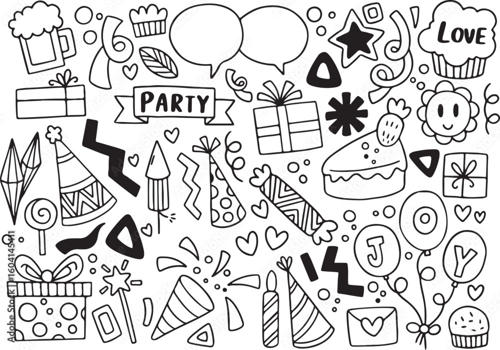 Obraz premium Hand Drawn Love Elements Set – Heart, Romantic Doodles, Cute Design, Valentine Icons, Black and White, Transparent Background